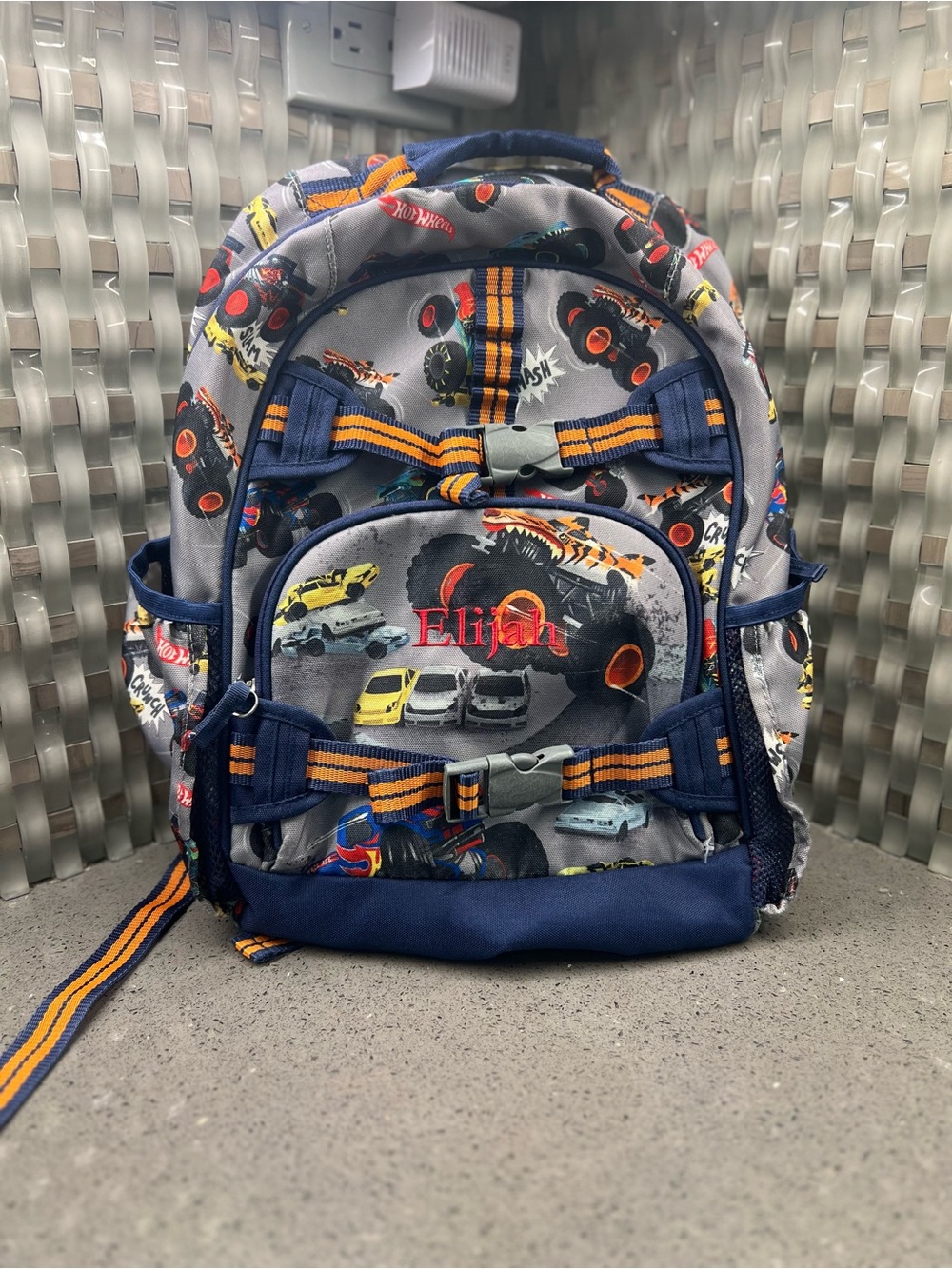 Pottery Barn kids monster truck themed large backpack